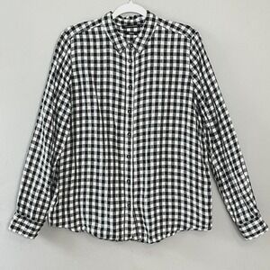Monoprix Femme Shirt Womens M Gingham Long Sleeve 100% Linen‎ Button Down Casual
